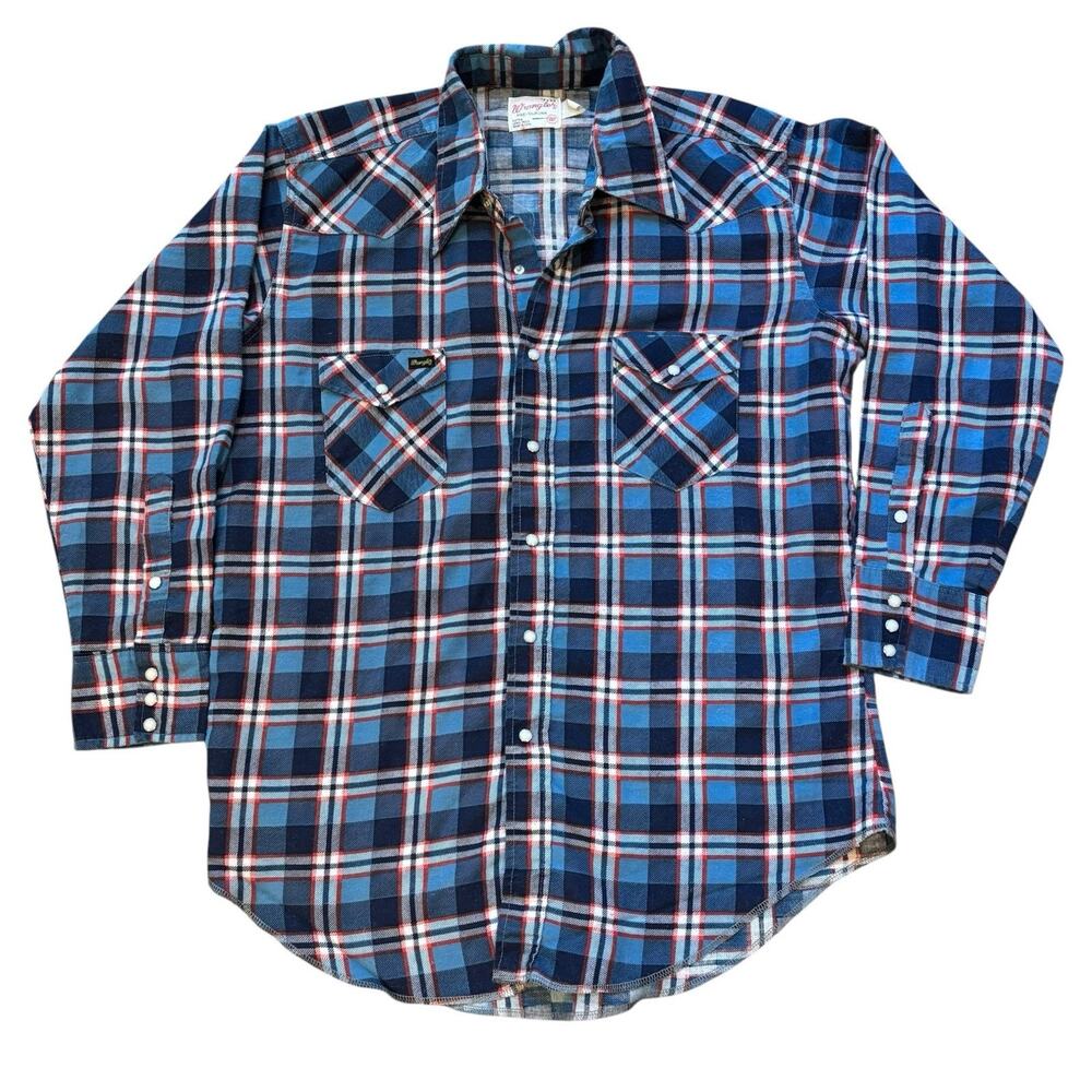 Vintage 60s Wrangler Blue Plaid Pearl Snap Western Shirt Dagger Collar Large